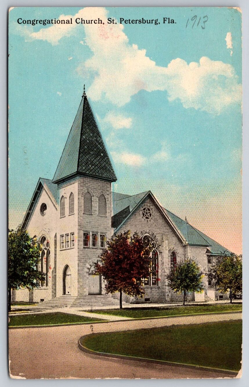 1913 St. Petersburg FL Postcard First Congregational Church 1c Washington Stamp